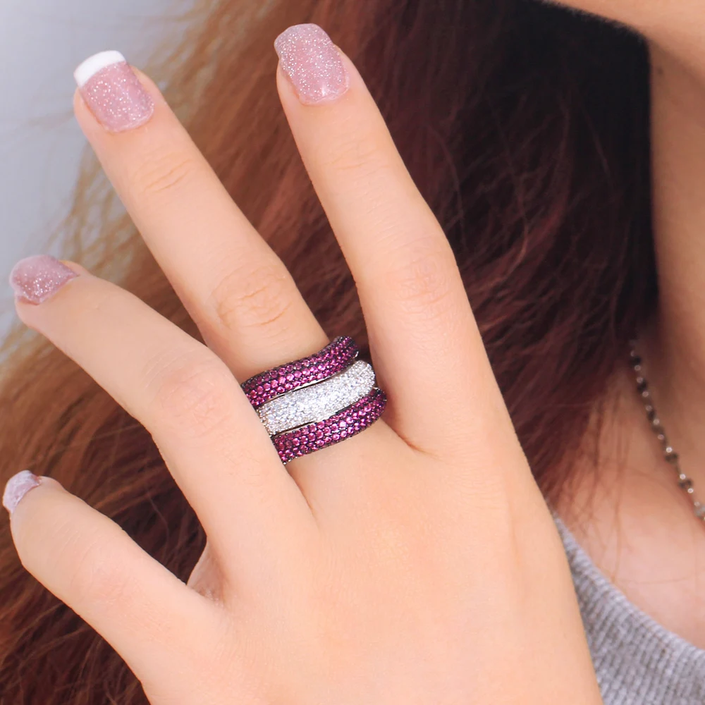 Two Tone Fuchsia Red and White Cubic Zirconia Chunky Luxury Women Unique  Engagement Wedding Prom Finger Rings Adjustable Size