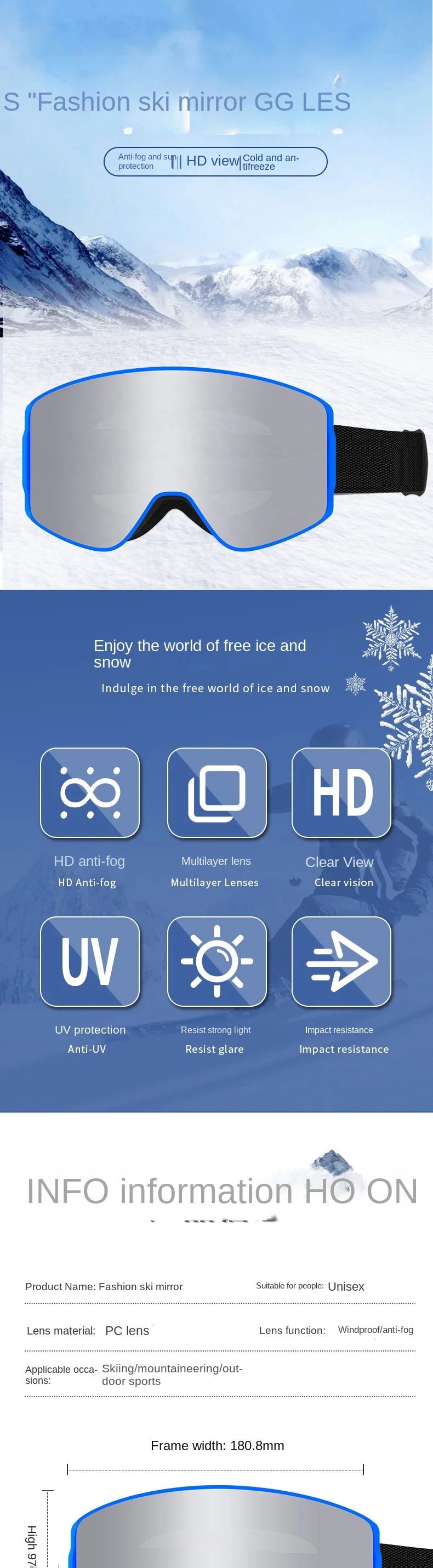 Magnetic Double-Layer Anti-Fog Ski Goggles for Men and Women with Color Mirror Coating