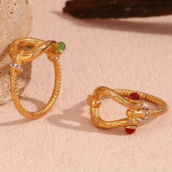Hollow Gemstone Statement Rings Gold Plated Stainless Steel Jewelry Vintage Accesorios Mujer