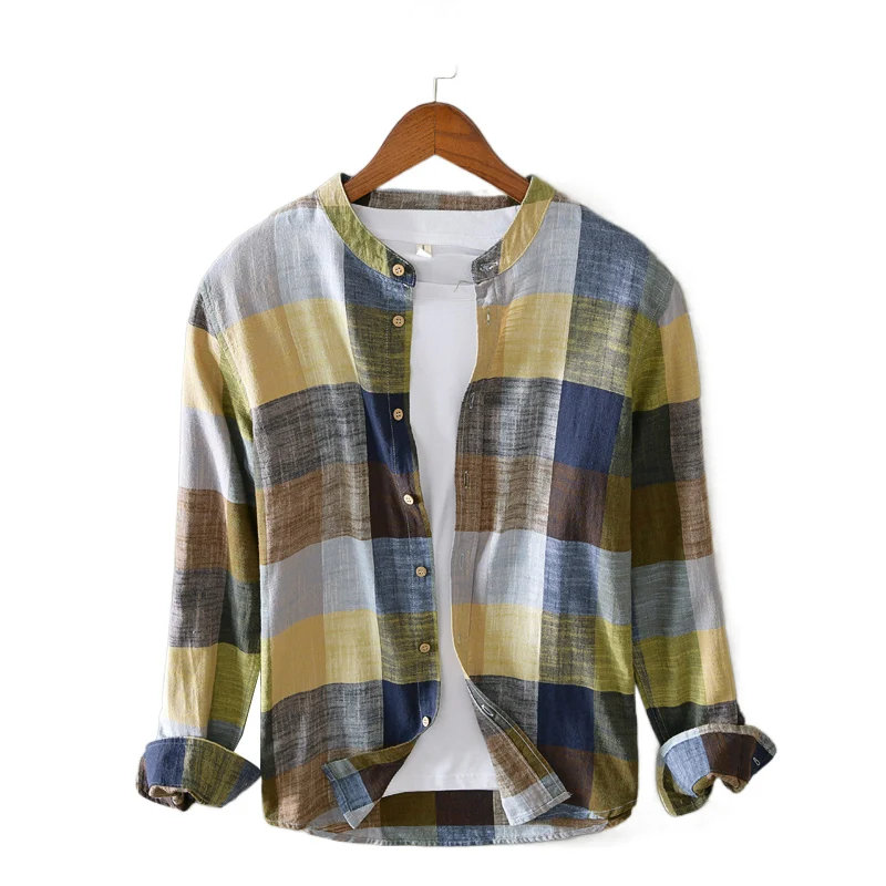 Moda giovanile con camicia a quadri a maniche lunghe, popolare camicia vintage in cotone e lino personalizzata all'ingrosso957_voghion.com