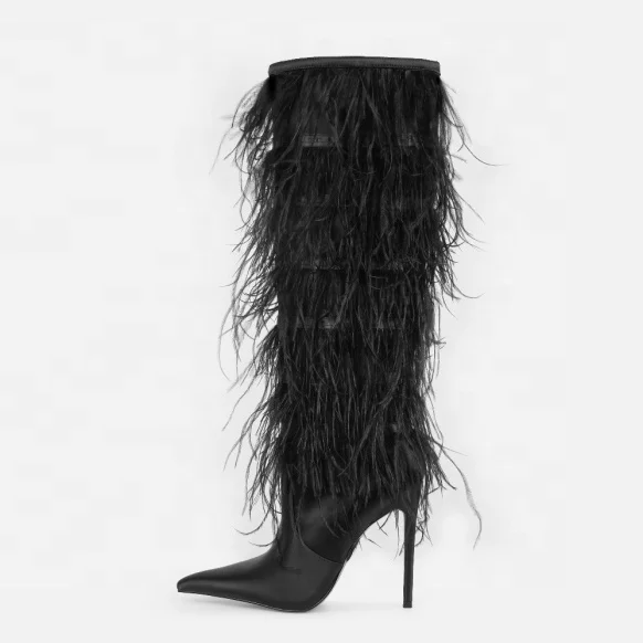 New Fashion Ostrich Feather Fluffy Stiletto Knee High Boots