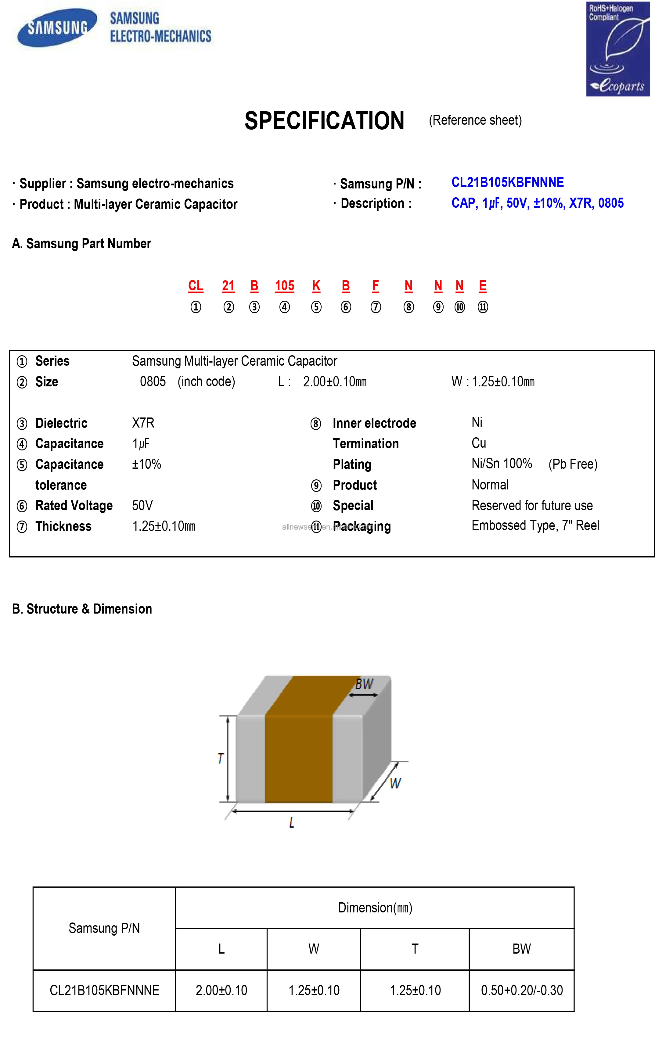 Hot sale Original CL21B105KBFNNNE Ceramic Capacitor CAP CER 1UF 50V General Purpose X7R 0805 (2012 Metric) MLCC Surface Mount