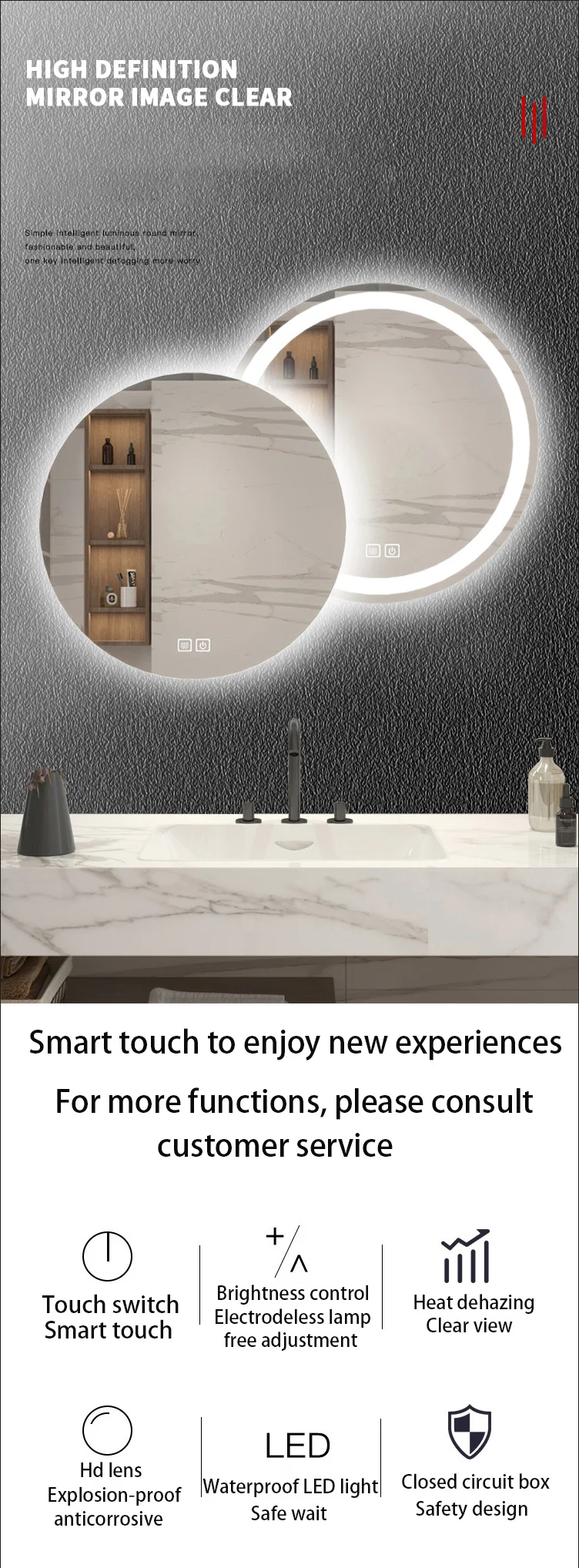 Modern bathroom anti fog round mirror intelligent led wall mount sensor touch defogger mirror smart factory