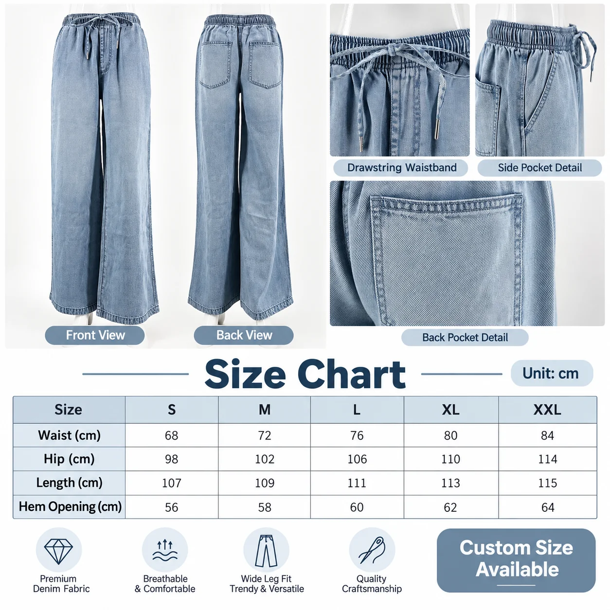 New Trending ODM Womens Light Blue Straight Leg Eco-Friendly Denim Jeans Custom Wholesale High Waist Solid Loose Casual