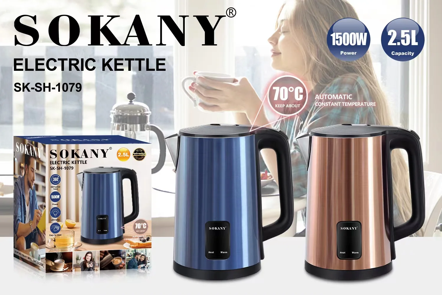 1pc Sokany Plug-in Type 1l High Power Electric Kettle Sk-613