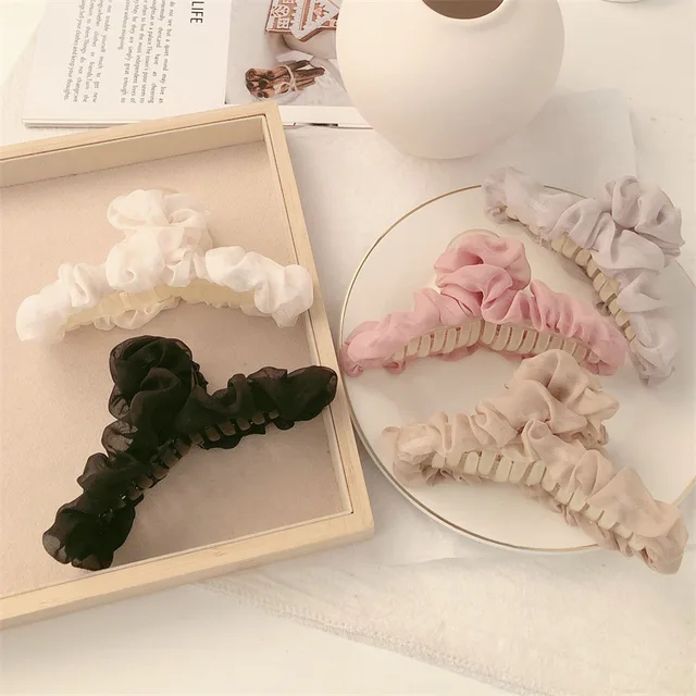 OEM Factory Simple Solid Color Yarn Claw Clips Korean Version Temperament Large Shark Claws Fold Organza Flower Hair Claw Clip