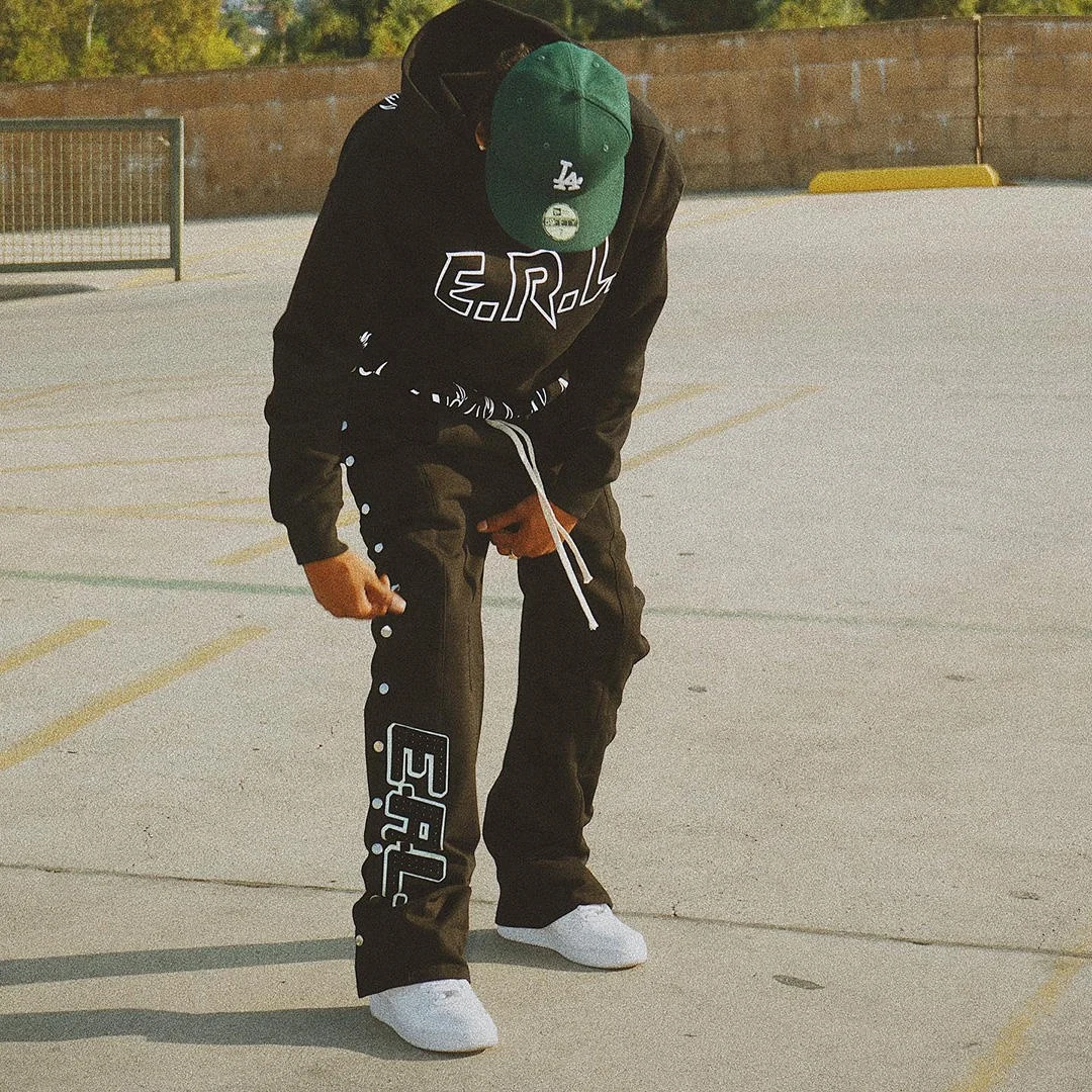 Custom Casual Screen Print Pants Rhinestone Tearaway Snap Button up French Terry Jogger Track Streetwear Mens Stacked Sweatpants gallery 2