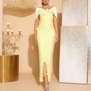 ZYHT 70145 Formal Pencil Off Shoulder Vestidos Floral Applique Yellow Long Party Dresses for Women Evening Gown Dress Elegant