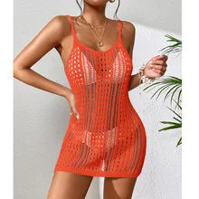 Women's short knitted textured hollow out see-through spaghetti straps sexy short dress knitted beach dresses