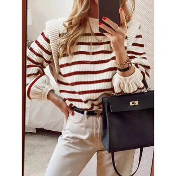 2025 Cross-Border Supply Casual Striped Knitted Sweater with Round Neck Puff Sleeve and Front Logo for Autumn Winter