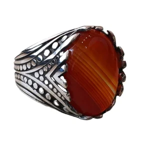 Wholesale Natural Gemstone Engraving Design Vintage Oxidized 925 Sterling Silver Yemeni Aqeeq Ring Men
