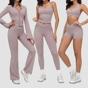 Custom Logo GYM Workout Sport Bra Women Yoga Flares Pants Leggings Set Yoga Fitness Wear Set With Pocket for Women