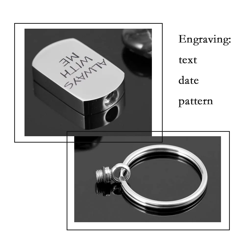 Stainless Steel Engraving Rectangle Pendant KeyChain Cremation Urn KeyRing Memorial for Human Pet Ashes Jewelry Keepsake Gift