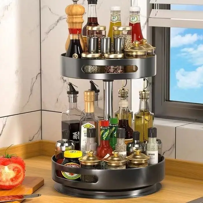 Kitchen Carbon Steel Multi-Functional Corner Storage Rack Rotatable Spice Shelf Special Oil Salt Sauce Vinegar Seasoning Box
