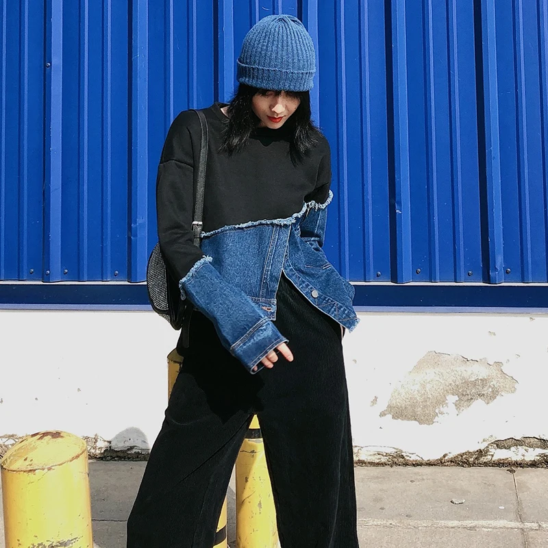 Женский джинсовый Свитшот TWOTWINSTYLE, асимметричный, свободный, повседневный