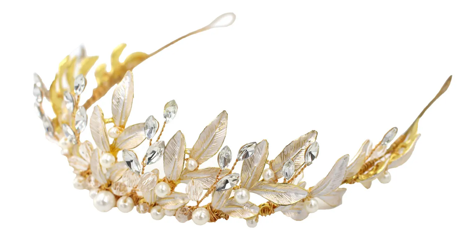O398 Vintage Handmade Bridal Hair Hoop Alloy Leaves Crystal Pearl Bridesmaid Crown Women Gift