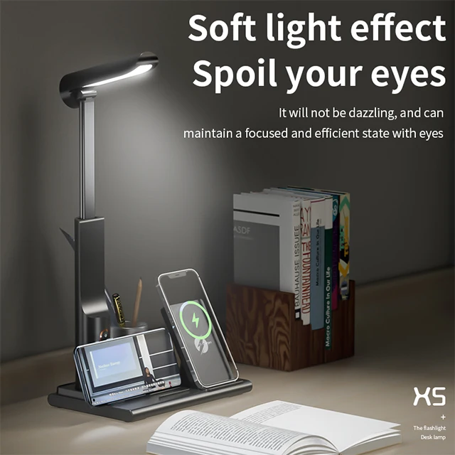 Desktop Table Lamp 15w Qi Fast Charging Station 3 in 1 Pen Holder Wireless Charger for Phone Watch Earphones