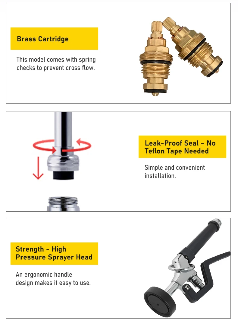 Wall Mounted Commercial Kitchen Faucet Classic Flexible Dual Handle Stainless Steel Chrome EasyInstall Pre-Rinse Brass Valve details