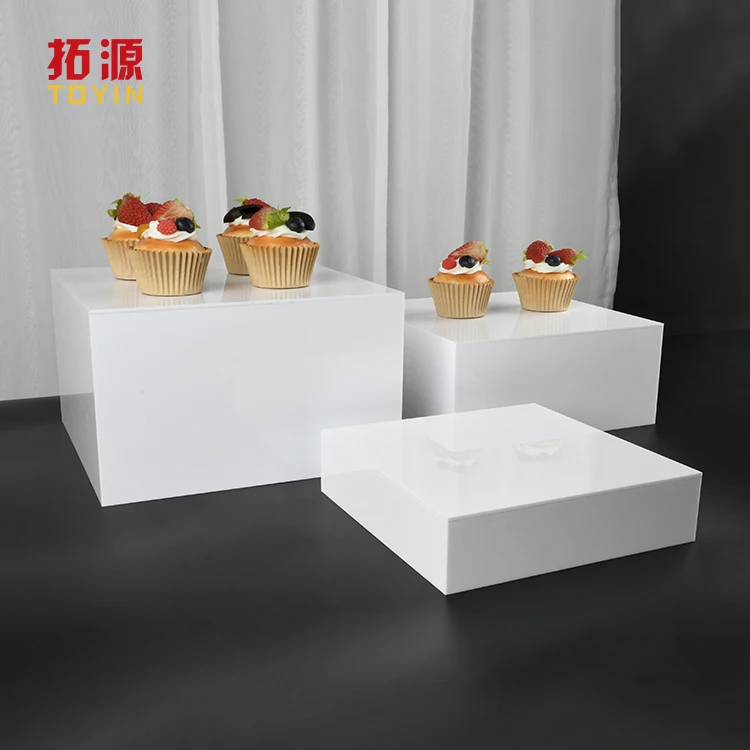 White Buffet Acrylic Table Riser Cube Display Risers Lucite Square Food ...