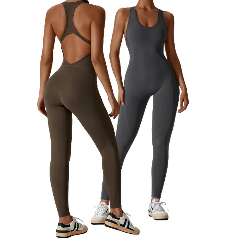 Aoyema Workout Tummy Control One Piece Set Sleeveless and Backless Yoga Leggings Sportswear Jumpsuit