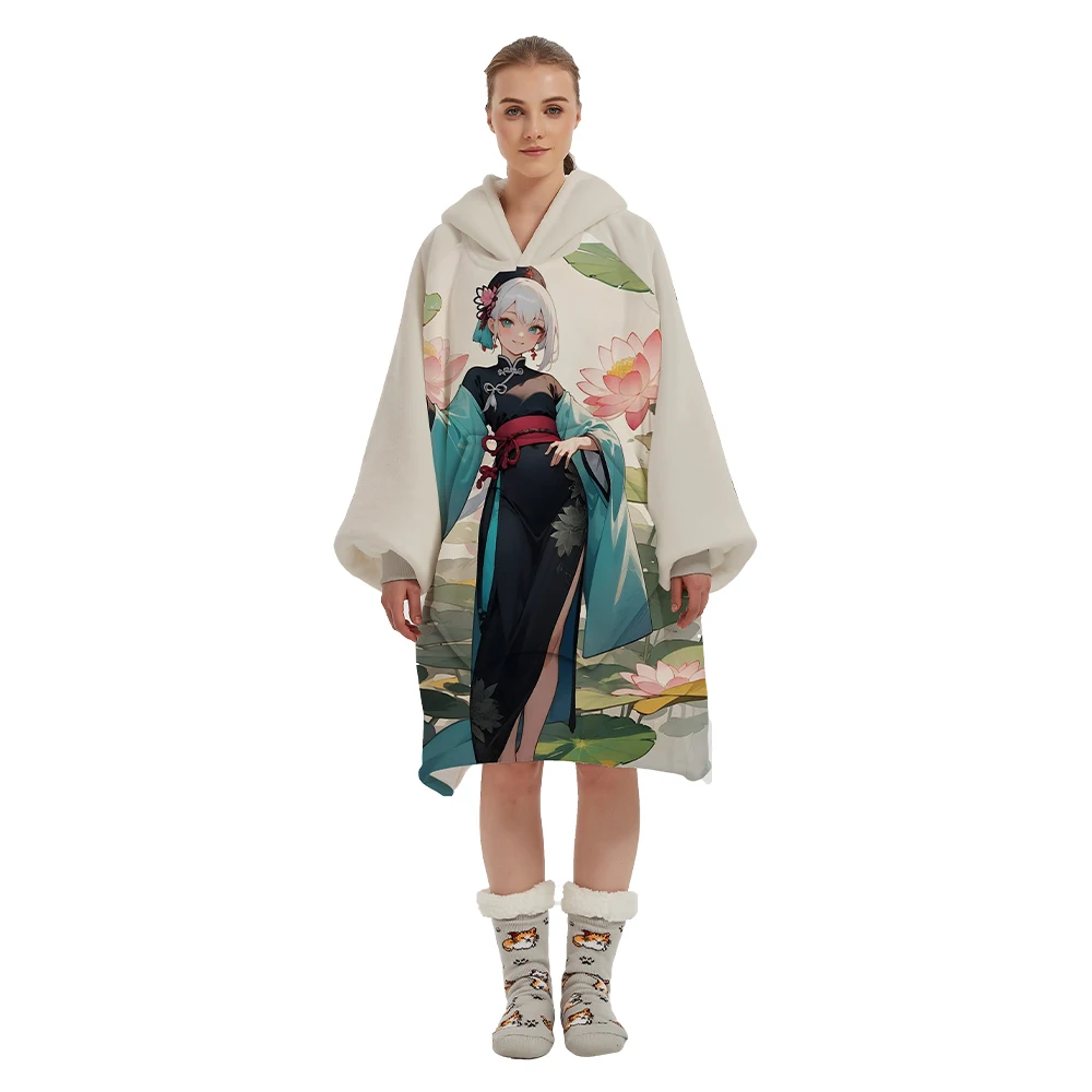 Original Factory Custom Anime Design Sherpa Sweatshirt Wearable Hooded Blankets Oversized Hoodie Blanket