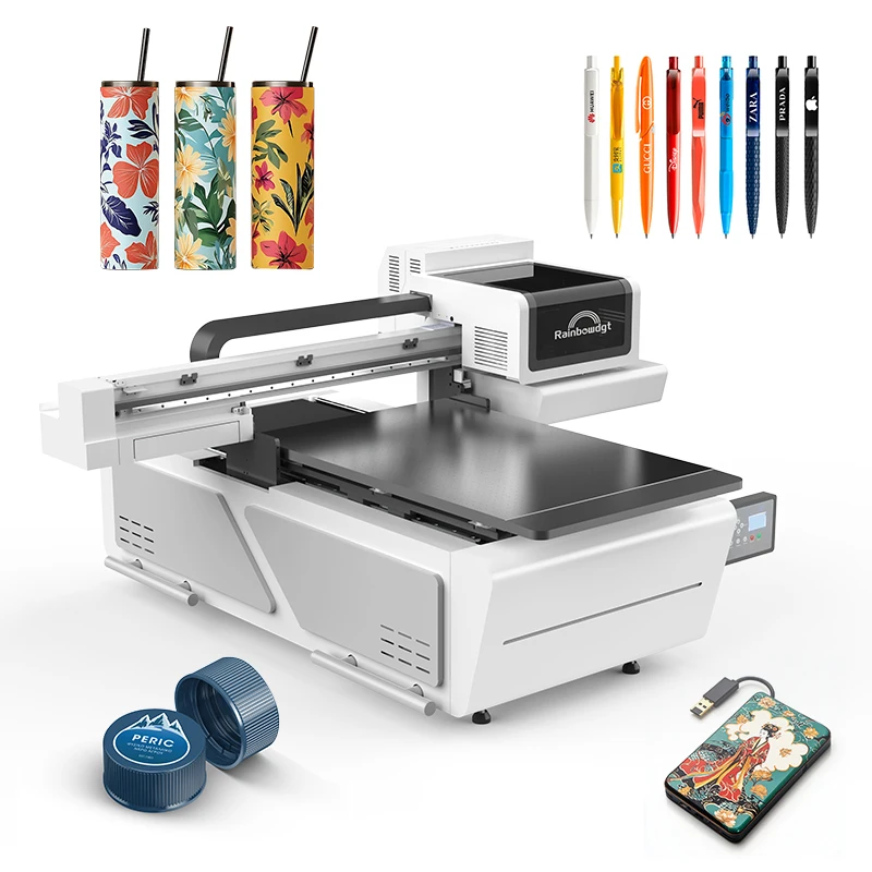 Rainbow New Launched Professional Printing Machine UV 6090 Metal PVC PP Poker Chip Canvas UV DTF Printer Nano 9