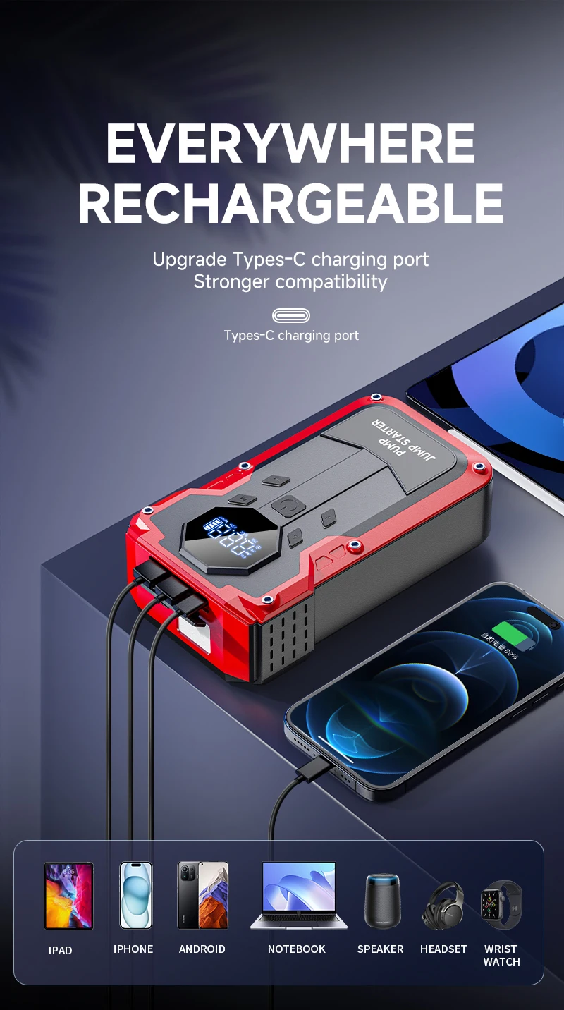 High Quality Portable 12V Car Battery 4 in 1 Functions Portable Jump Starter Mobile Power Bank With Air Compressor