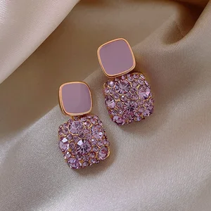 Creative Purple Full Diamonds Peach Heart Crystal Double Five-pointed Star Earrings for Women