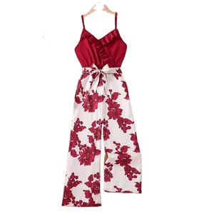 2026 Summer Teenager Kids Clothes Wholesale Casual Sleeveless Ruffle V Neck Floral Print Patchwork Jumpsuits for Kids Girls