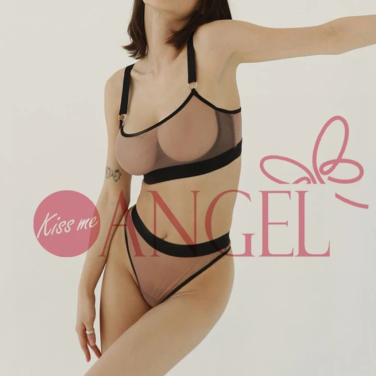 KISS ME ANGEL Simple Transparent Mesh Splicing with Steel Ring Two-piece Set Cute Girl Sexy Bra Panty Set Images