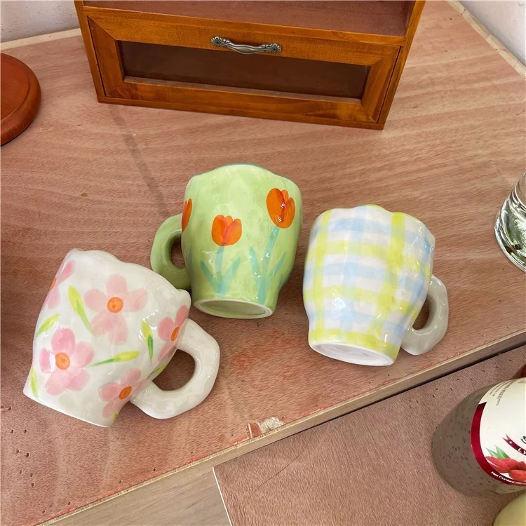 Korean Style Hand Made Irregular Mug Hand Painted Flowers Ceramic Mug  aesthetic