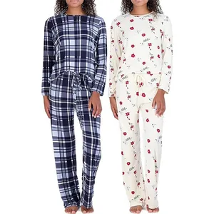 Women's Super-Soft Breathable Long Sleeve Top & Plus Size Lounge Pants Two-Piece Pajama Set with Elastic Waist All Seasons