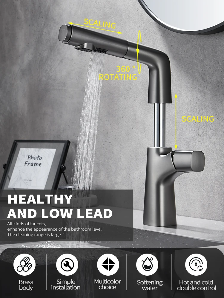 Popular Lifting Pull Out Sink Faucet Brass Gun Grey Bathroom Mixer Tap