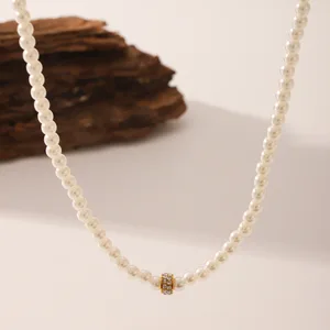 MW French Irregular Freshwater Pearl 18K Gold Plated Stainless Steel Wedding Necklace with Zircon Chain Pendant for Women