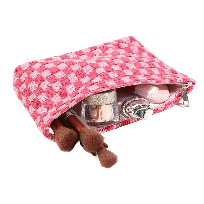 Popular Colors Checkered Board Makeup Bag Knitted Zipper Skincare Storage Bag Portable Large Capacity Cosmetic Bag for Makeup