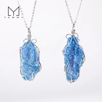 High Quality Silver Wire Wrapped Natural Crystal Healing Stones Kyanite Pendants Necklace for gift