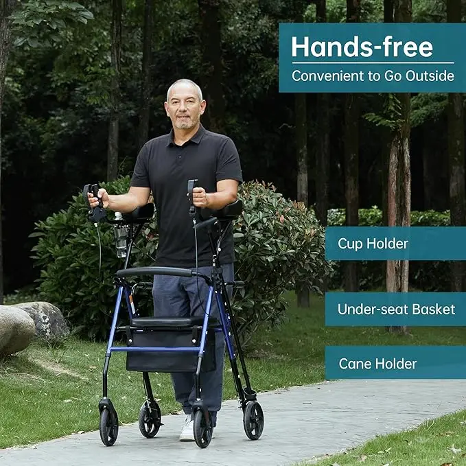 product four wheels folding height adjustable steel rollator walker with seat mobility aids lightweight rollator for disabled-4