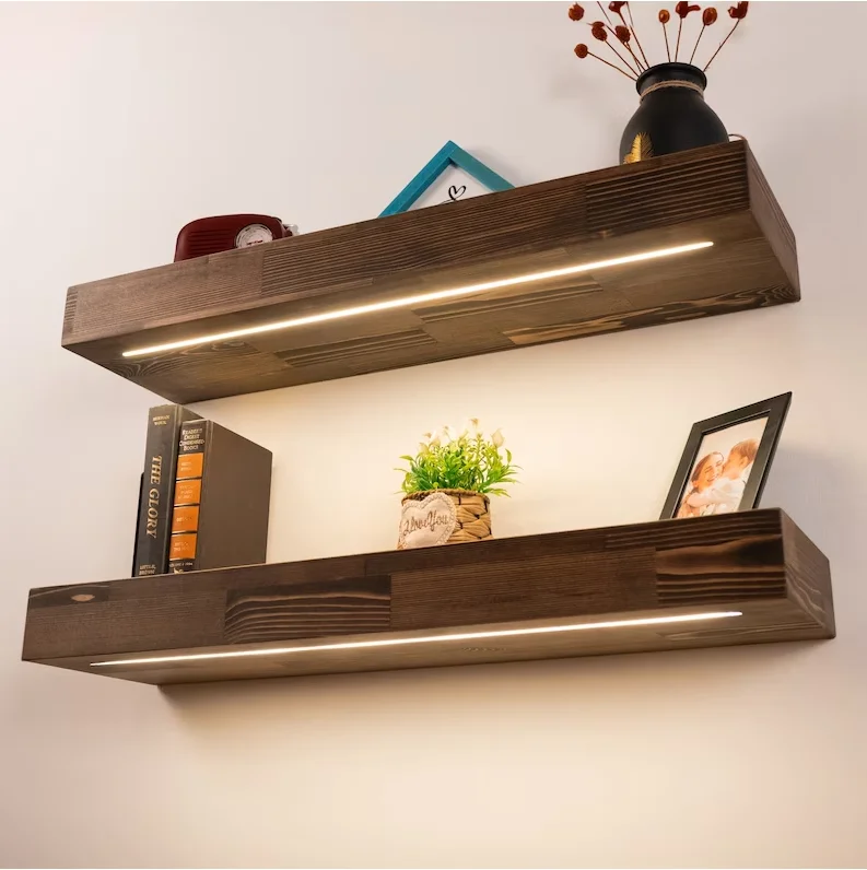 Modern Home Decor Floating Shelf Creative Liquor Shelf Wooden Thick Wall Shelf with LED Light Strip