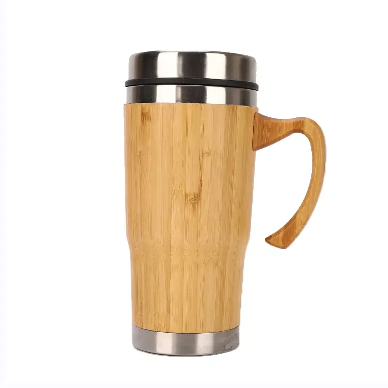 Bamboo Body 450 ml Double Wall Stainless Steel Coffee Mugs Thermos Flask Tumbler with Handle