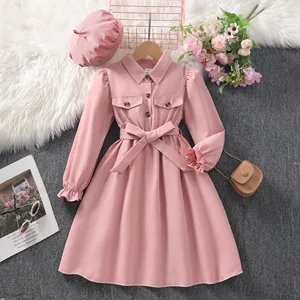 Spring Autumn Long Sleeve Clothing Set Suit 8-12 Years Big Girl Dresses Children Lapel Pink Dress with Belt Hat Clothes for Kids
