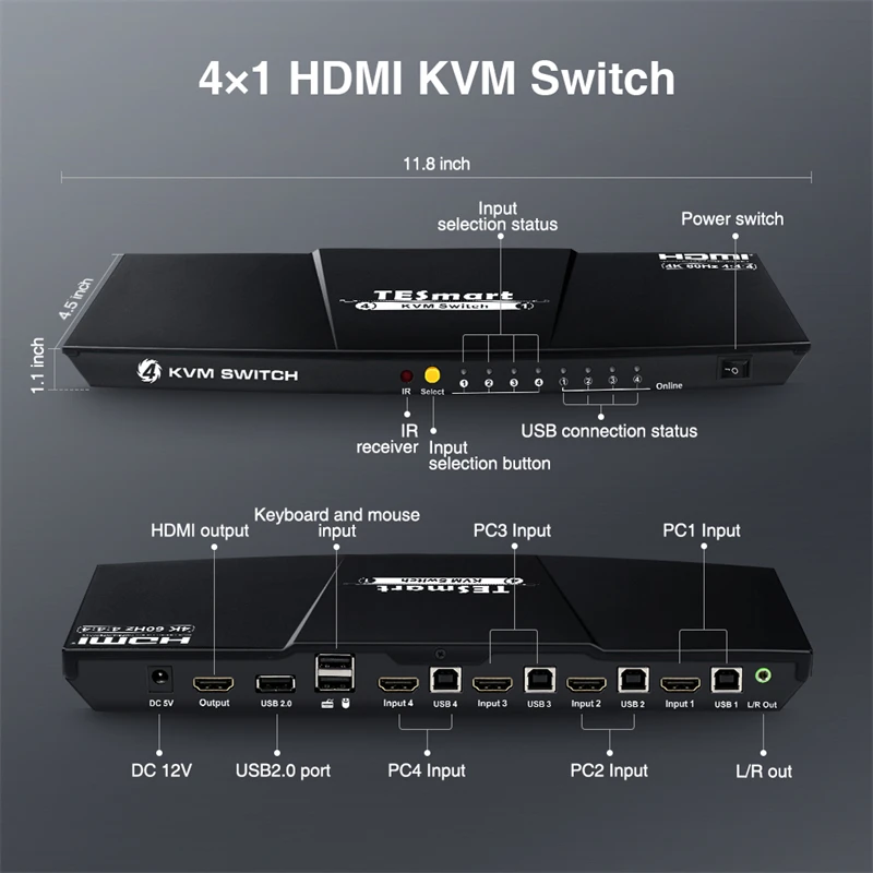 Tesmart 4x1 Hdmi Kvm Switch 4k@60hz Ir Hot Key Control Edid 1 Monitor 4 ...