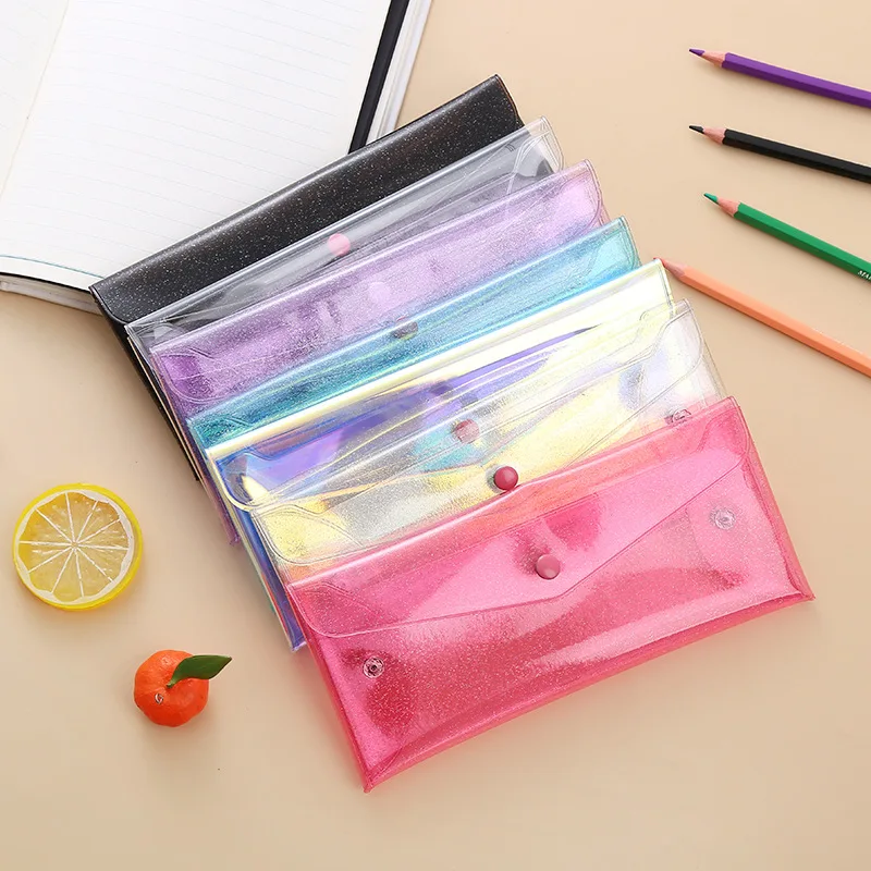 Wholesale Glitter Clear Pen Bag Holographic PVC Pencil Pouch Envelope Coin Purse with Snap Button Storage Bags