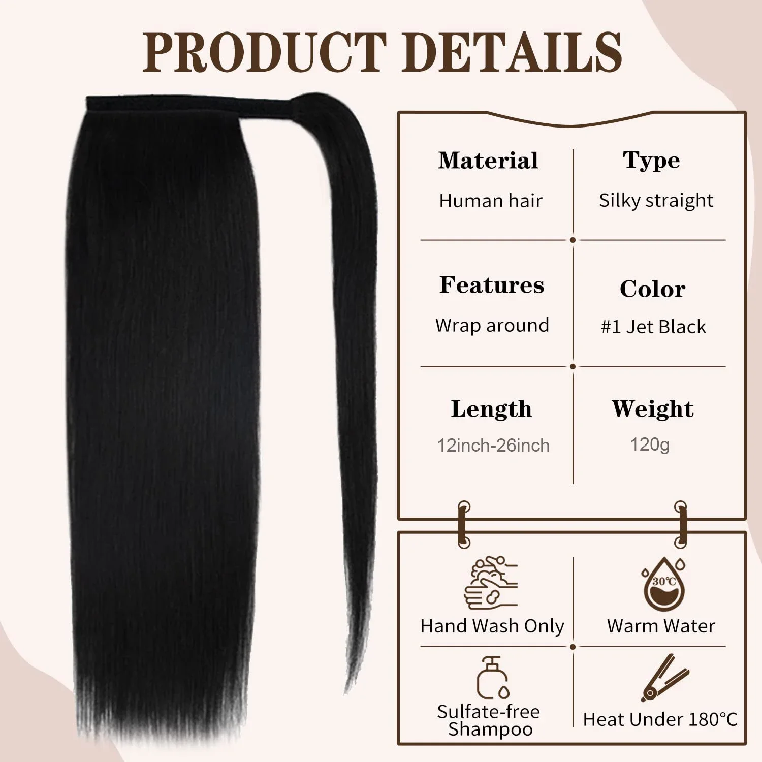 Langer, gerader Pferdeschwanz aus menschlichem Haar, zum Umwickeln, 100 % Remy-Extensions, Clip-Ins, natürliche schwarze Farbe, Nr. 1, Haarteil für Frauen_voghion.com