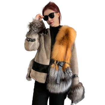 Winter Fashion Lady Real Mink Fur Coat With Luxury Silver Fox Fur On The Bottom Natural Red Saga Fox Fur Coats