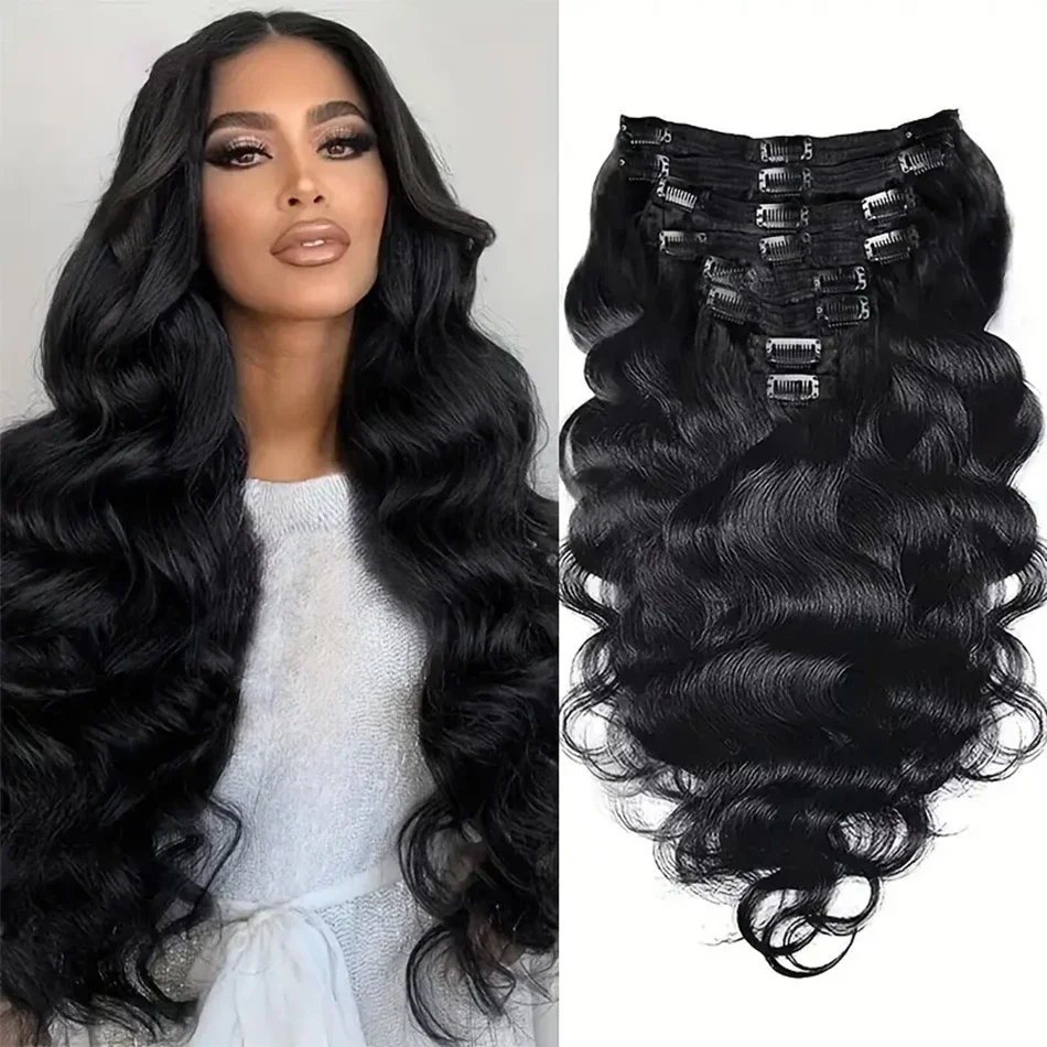 Brazilian Body Wave Clip-Ins Human Hair Extensions 8 Pcs Set Natural Color Remy 1B_voghion.com