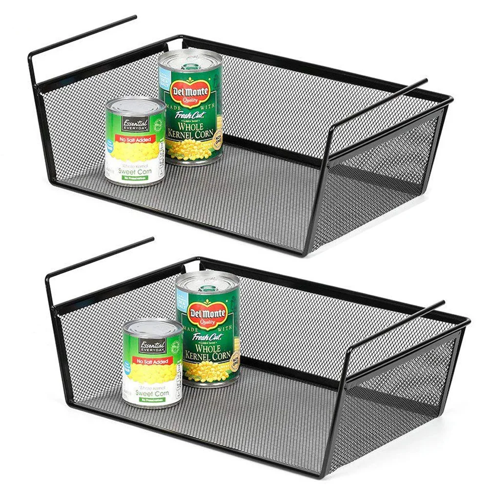 W40 x H14 x D26cm-Chrome 2 Pack LemonCrest Shelf Storage Basket Bathroom Cabinet Office Pantry Under Shelf Hanging Metal Wire Storage Basket for Organising extra storage for Kitchen 
