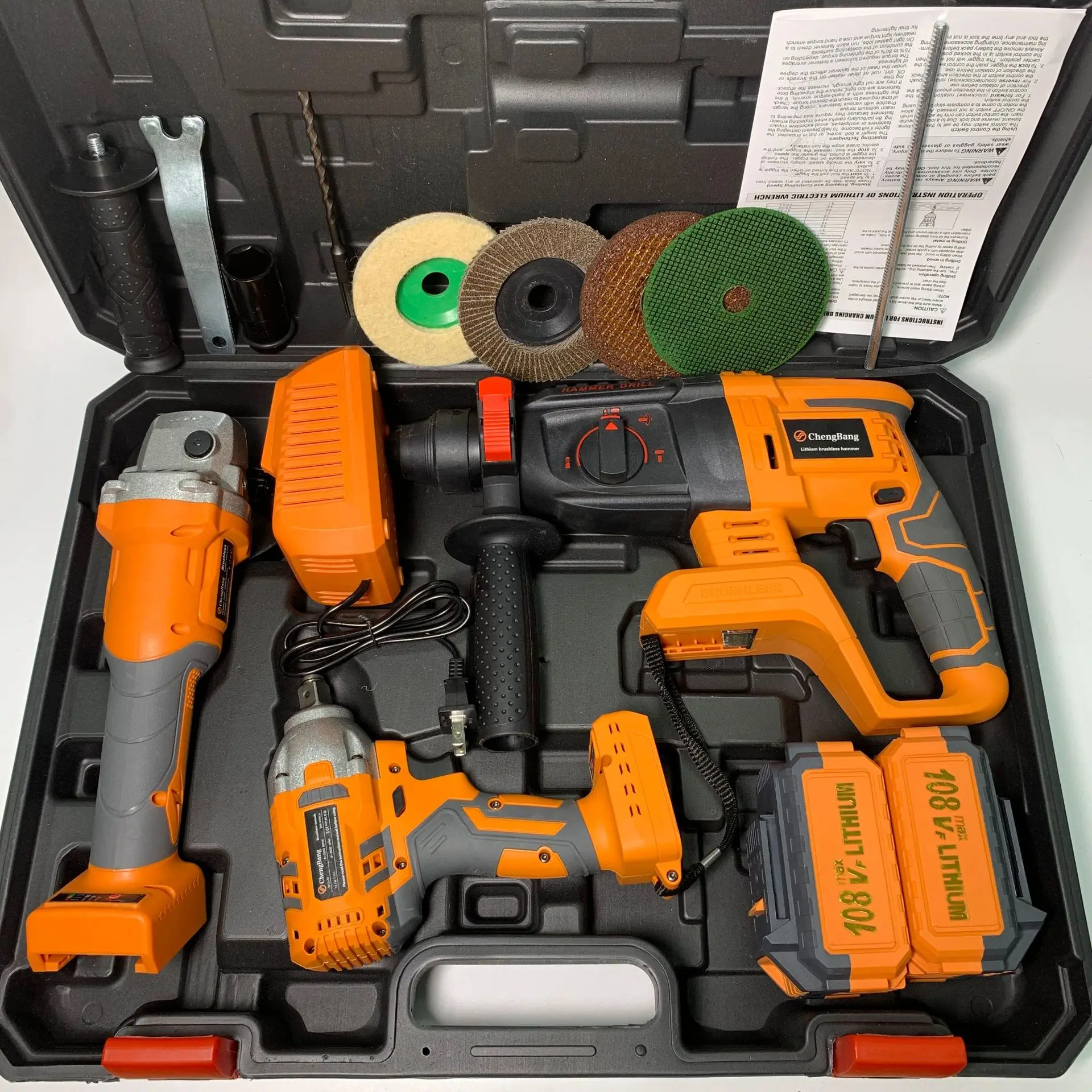 Set of 3pcs Power Tools Portable Lithium Electric Hammer Drill Brushless Angle Grinder Cordless Wrench Combination Tool Kits