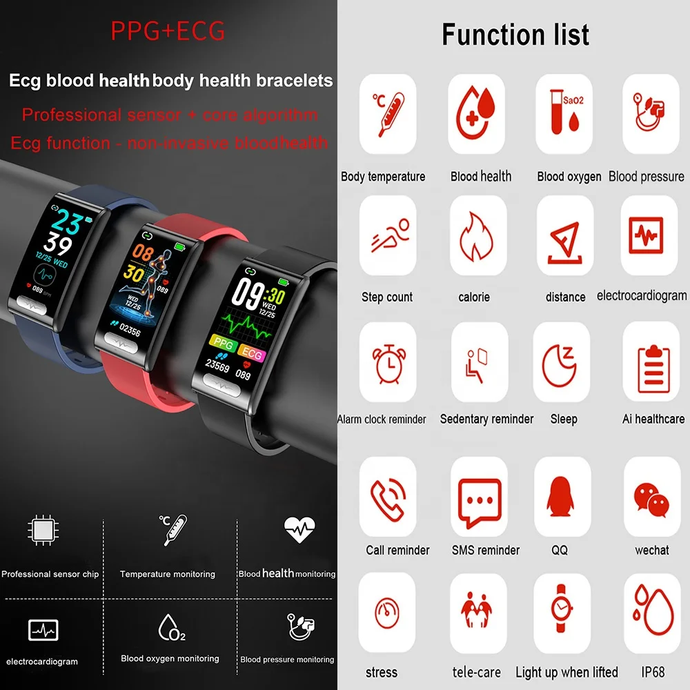 Smart Watch Band Heart Rate & Ecg Ekg Fitness Tracker With ECG PPG Spo2 Blood Pressure Bp Sensor Monitor Smart Bracelet