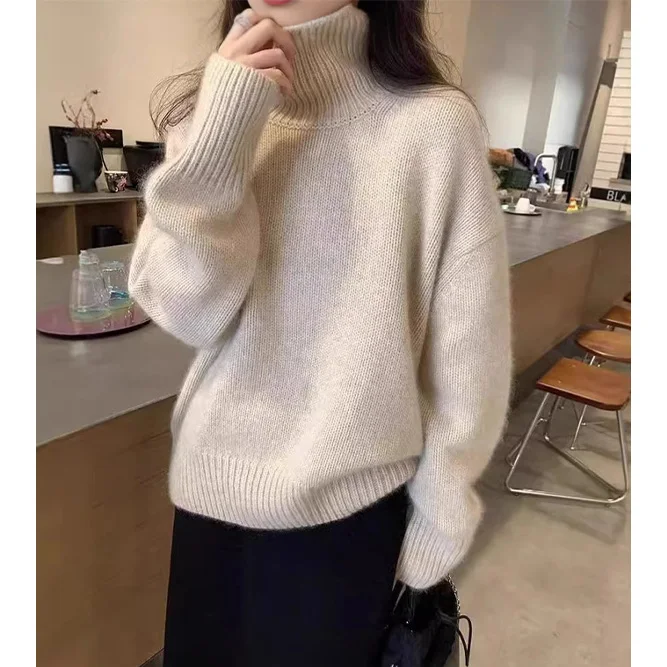 AU Custom Women's Turtleneck Tunic Solid Color Long Sleeve Soft Knit Pullover Fall Winter Cardigan for Girls-XS Size