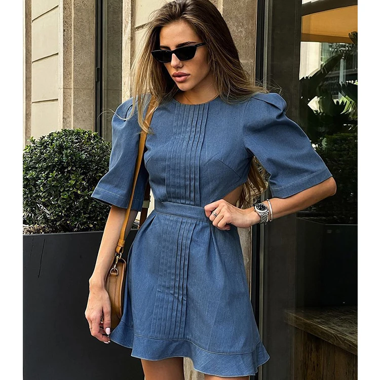Office Ladies Ruched Wash Jeans Dress Short Sleeve Hollow Out Ruffled Dress Blue Elegant Women Denim Dresses